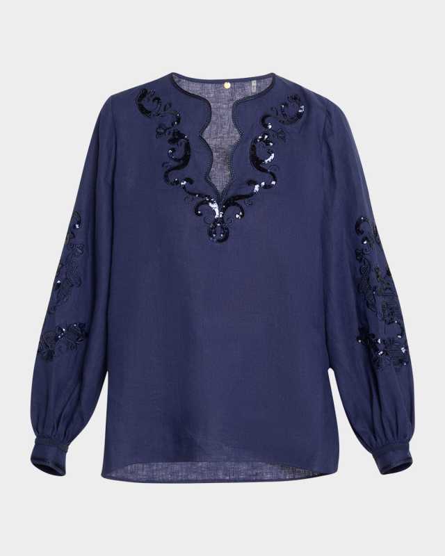 Soraya Sequin Embroidered Linen Blous